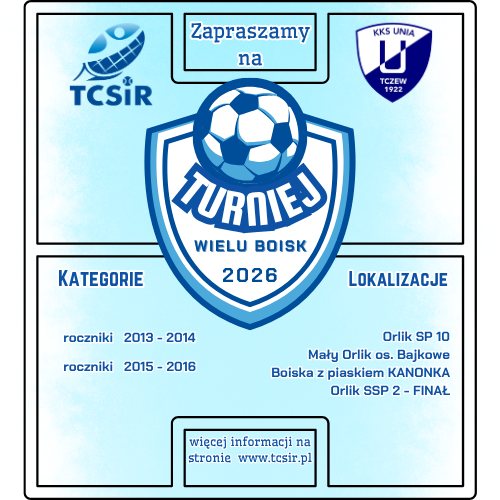 Plakat turniej wielu boisk; Informacje na grafice: Zapraszamy na turniej wielu boisk 2026
Kategorie roczniki 2013-2014
roczniki 2015-2016
Lokalizacje Orlik SP 10
Mały orlik os. Bajkowe
Boiska z piaskiem KANONKA
Orlik SSP 2 - FINAŁ